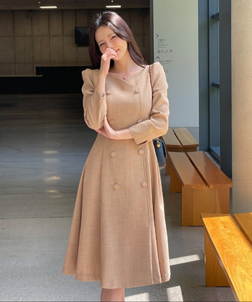 Romid Double Button Puff Tweed Flare One Piece